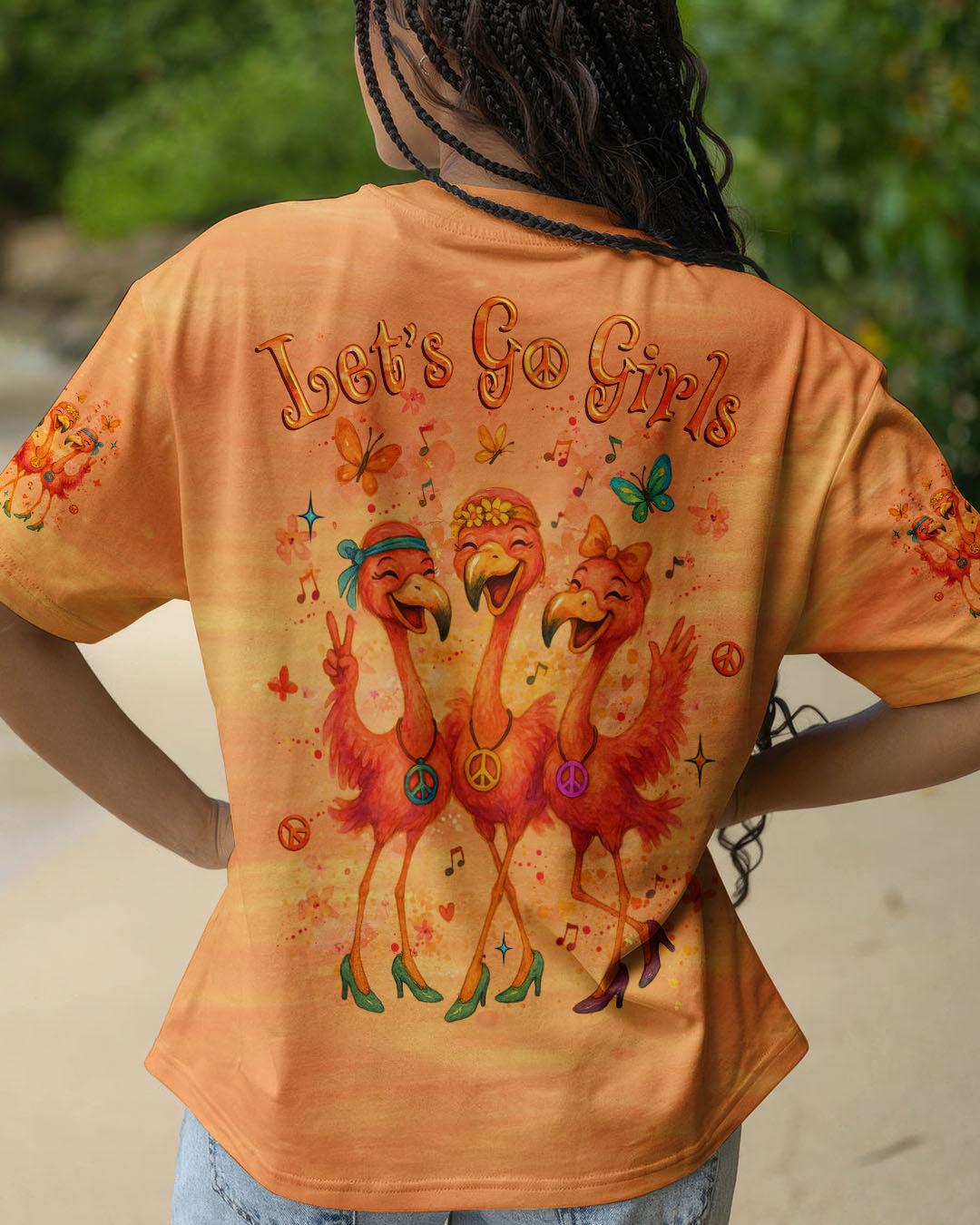 Let_E2_80_99s Go Girls Flamingo Peace and Love Orange Graphic Tee for Women AOP Shirts _1_ 8960h
