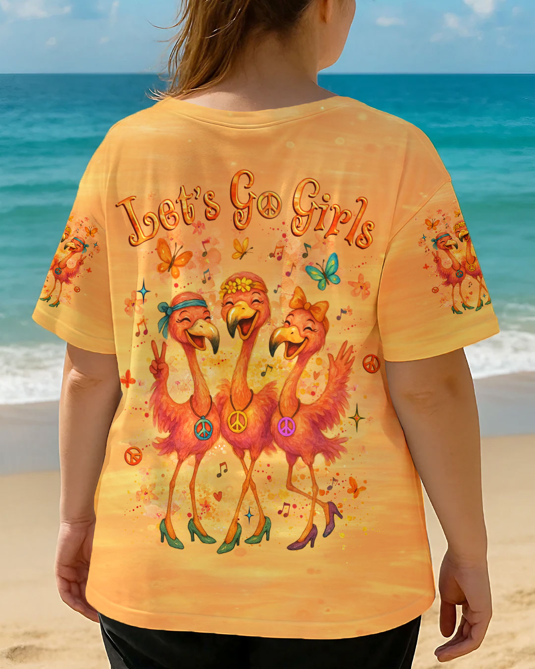 Let_E2_80_99s Go Girls Flamingo Peace and Love Orange Graphic Tee for Women AOP Shirts _3_ BLds0