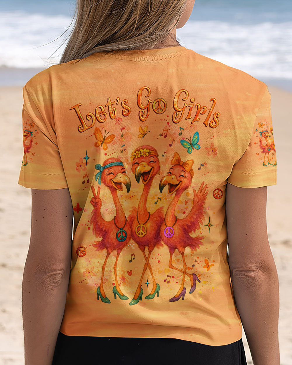 Let_E2_80_99s Go Girls Flamingo Peace and Love Orange Graphic Tee for Women AOP Shirts _5_ JPt5Z