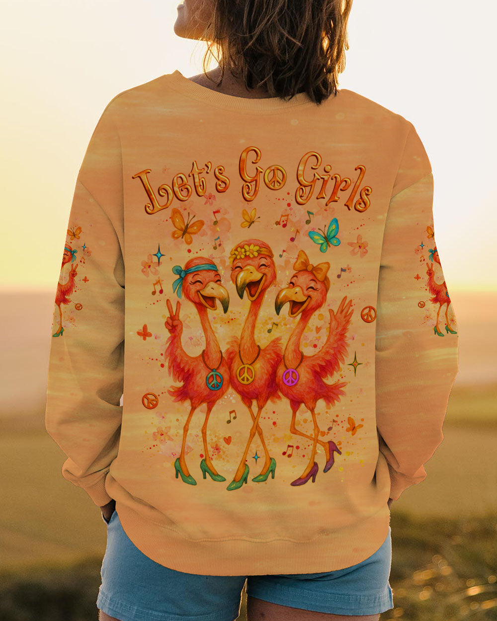 Let_E2_80_99s Go Girls Flamingo Peace and Love Orange Graphic Tee for Women AOP Shirts _9_ 5mNQ4