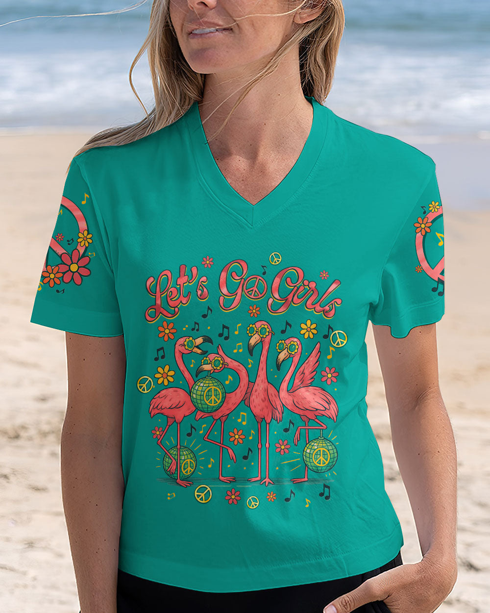 Let_E2_80_99s Go Girls Flamingo Peace and Retro Disco Graphic Tee for Women AOP Shirts _2_ Fhyj1