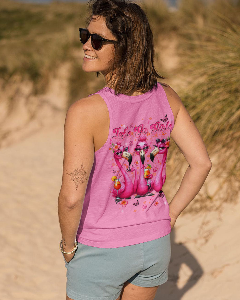 Let_E2_80_99s Go Girls Flamingo Pink Flamingo Cocktail Summer Beach Tee for Women AOP Shirts _13_ B0X2T