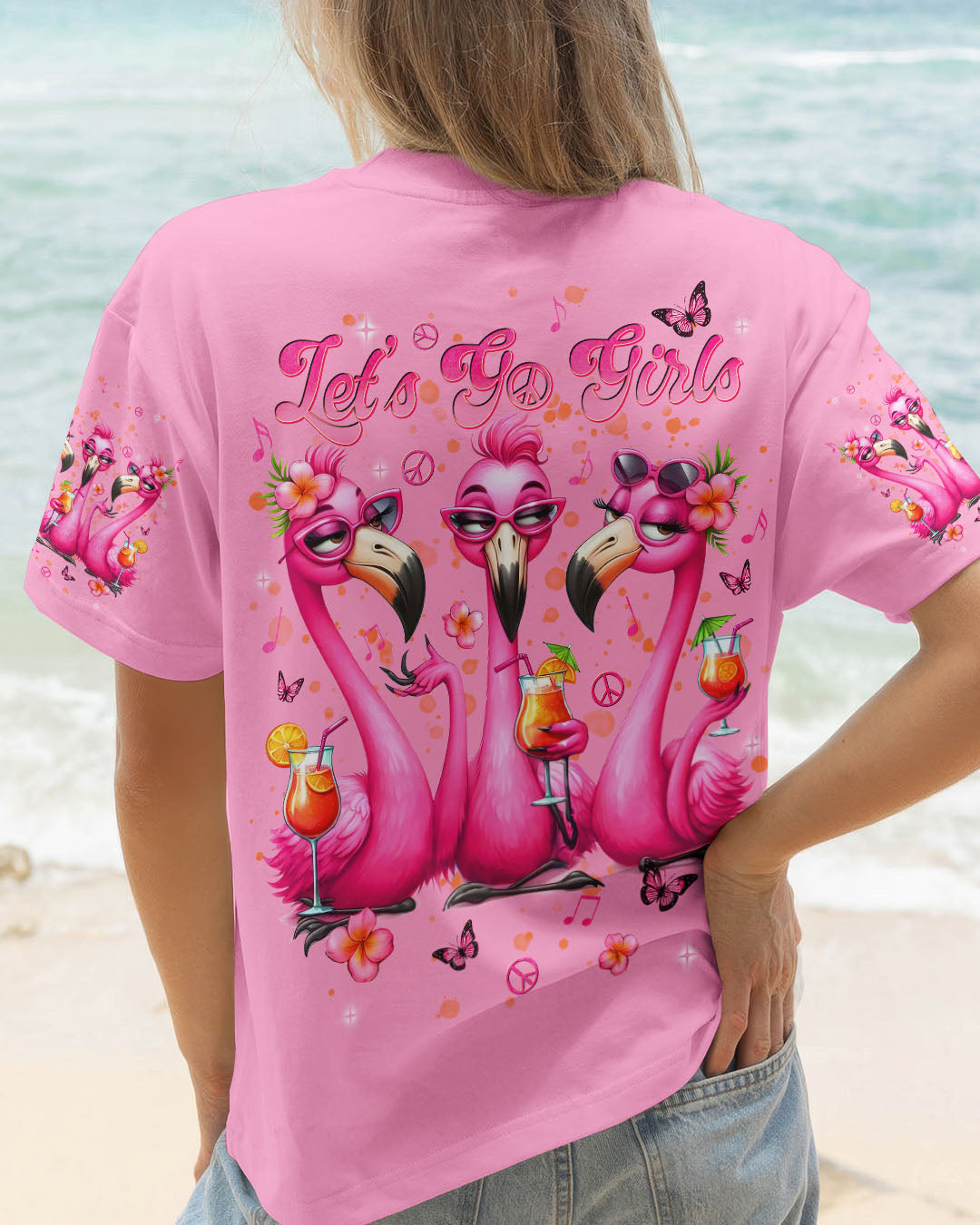 Let_E2_80_99s Go Girls Flamingo Pink Flamingo Cocktail Summer Beach Tee for Women AOP Shirts _1_ uI3nN
