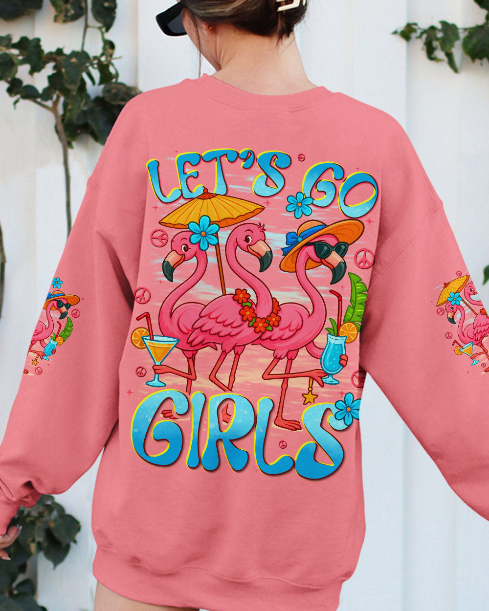 Lets Go Girls Flamingo and Cocktails Tropical Pink Beach Graphic Tee for Women AOP Shirts _10_ NvRWi