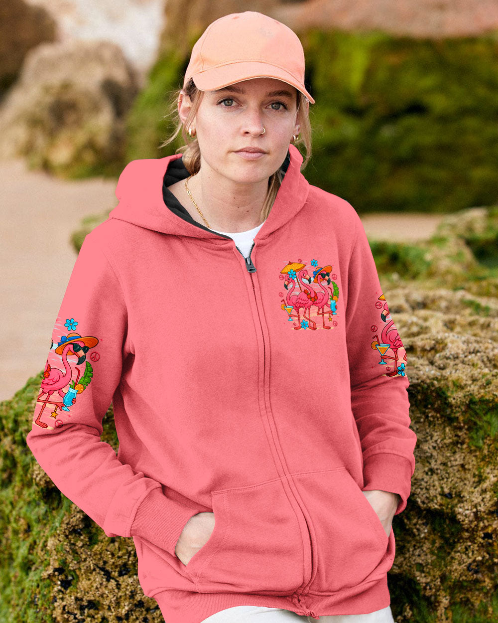 Lets Go Girls Flamingo and Cocktails Tropical Pink Beach Graphic Tee for Women AOP Shirts _11_ PyARx