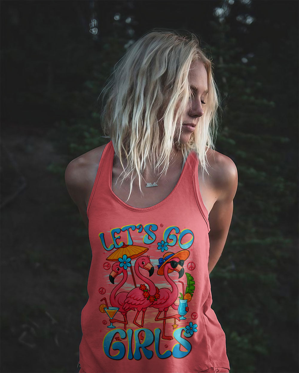 Lets Go Girls Flamingo and Cocktails Tropical Pink Beach Graphic Tee for Women AOP Shirts _12_ HOKdJ