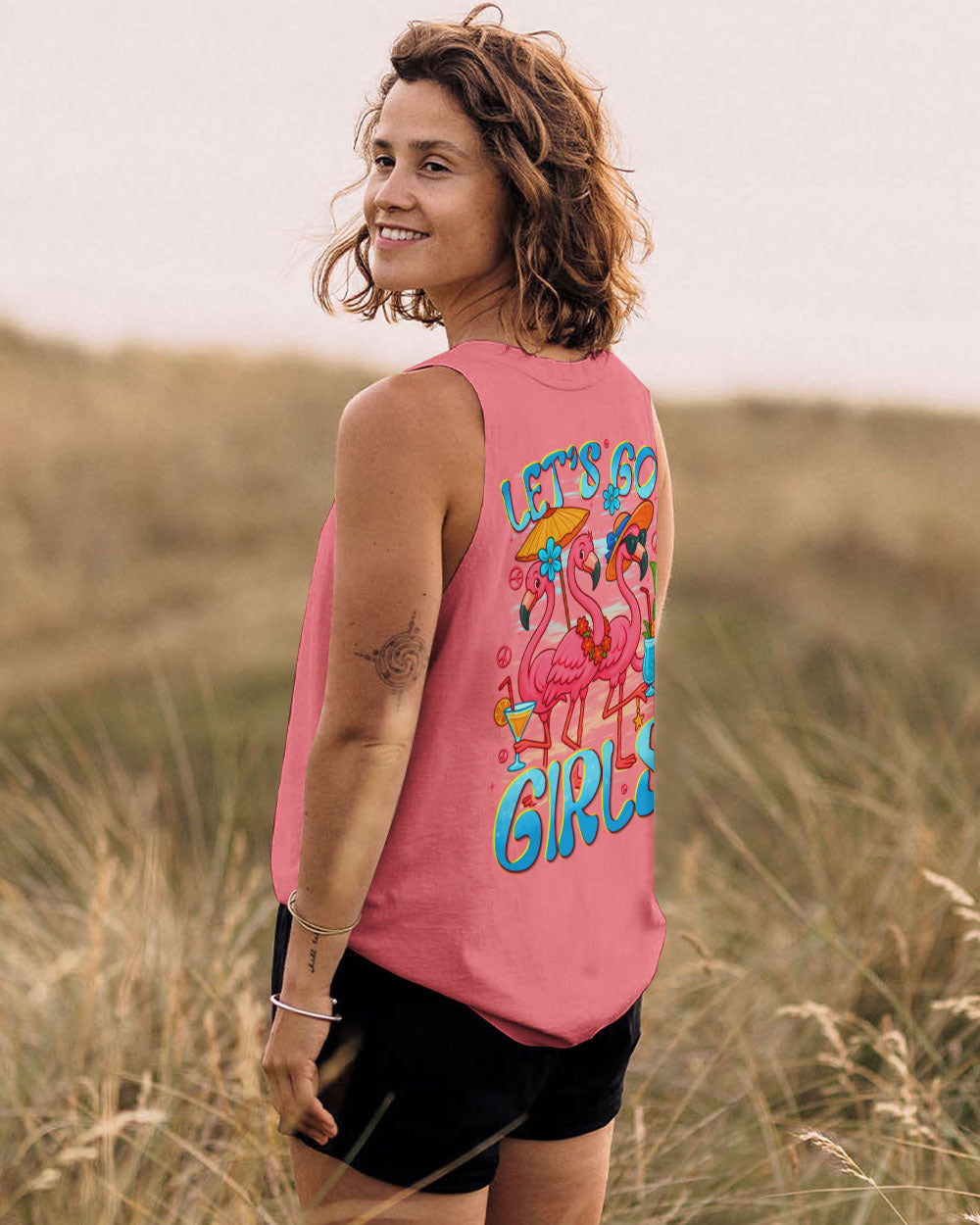 Lets Go Girls Flamingo and Cocktails Tropical Pink Beach Graphic Tee for Women AOP Shirts _14_ w6o0F