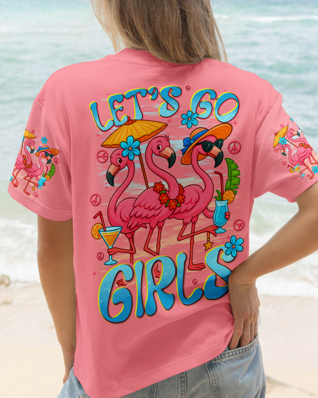 Lets Go Girls Flamingo and Cocktails Tropical Pink Beach Graphic Tee for Women AOP Shirts _1_ G9rcO