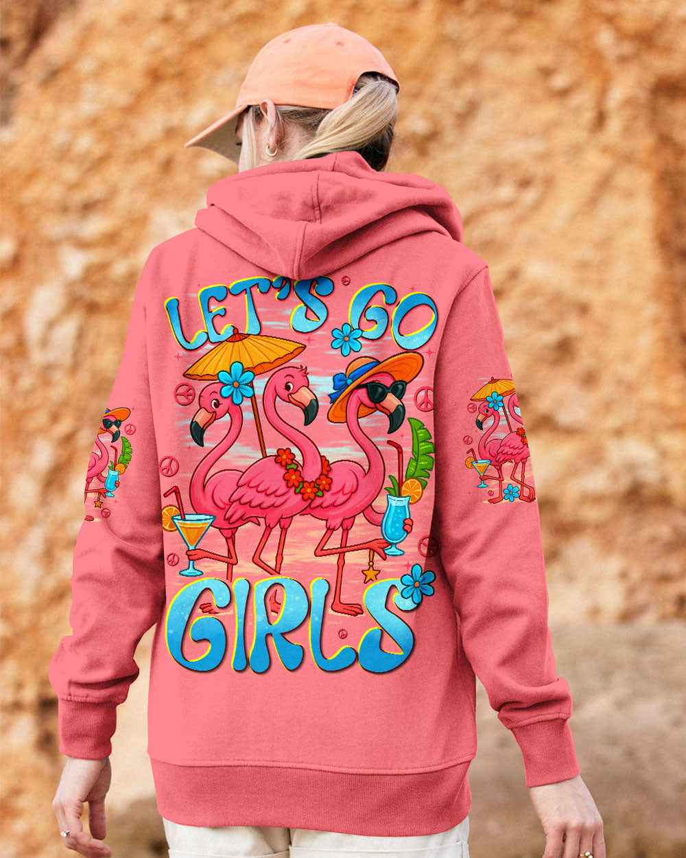 Lets Go Girls Flamingo and Cocktails Tropical Pink Beach Graphic Tee for Women AOP Shirts _2_ DwNRP