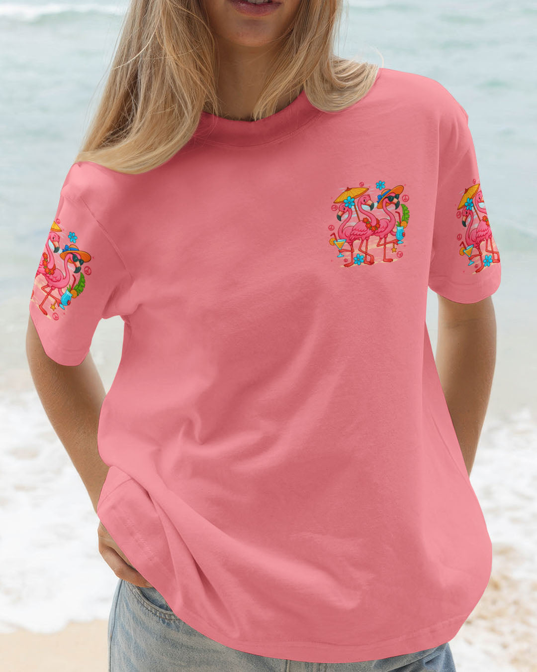 Lets Go Girls Flamingo and Cocktails Tropical Pink Beach Graphic Tee for Women AOP Shirts _3_ ZnQVt