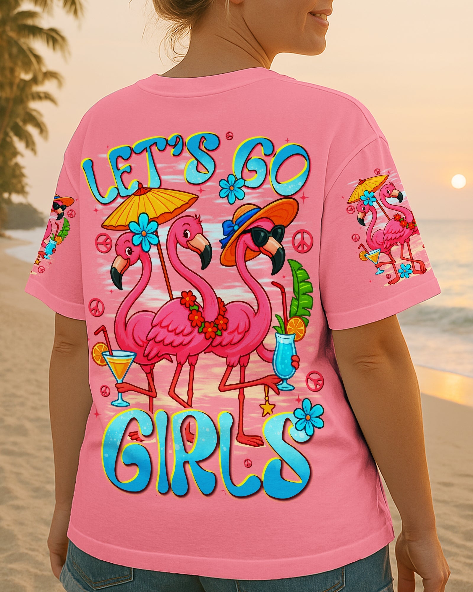 Lets Go Girls Flamingo and Cocktails Tropical Pink Beach Graphic Tee for Women AOP Shirts _4_ xVo81
