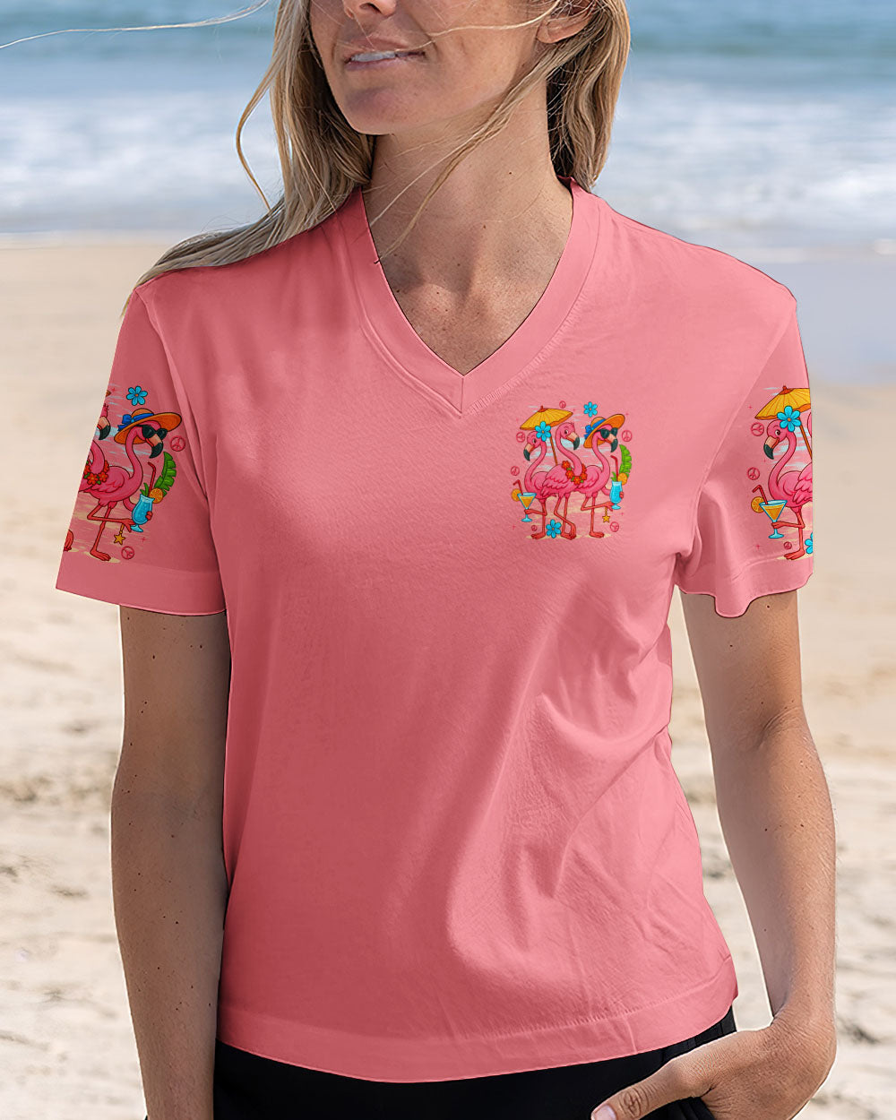 Lets Go Girls Flamingo and Cocktails Tropical Pink Beach Graphic Tee for Women AOP Shirts _5_ JeFV4