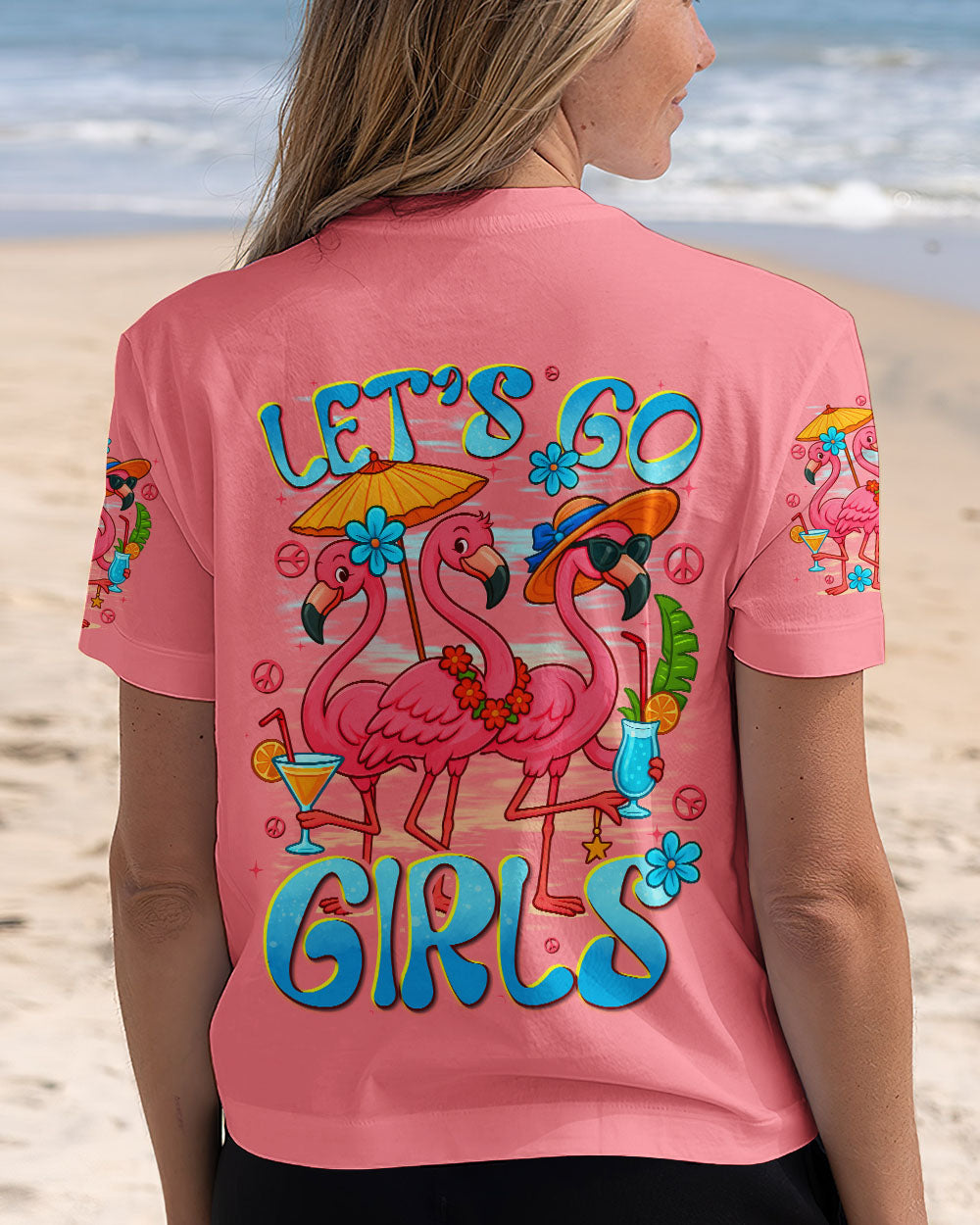Lets Go Girls Flamingo and Cocktails Tropical Pink Beach Graphic Tee for Women AOP Shirts _6_ BhLaw