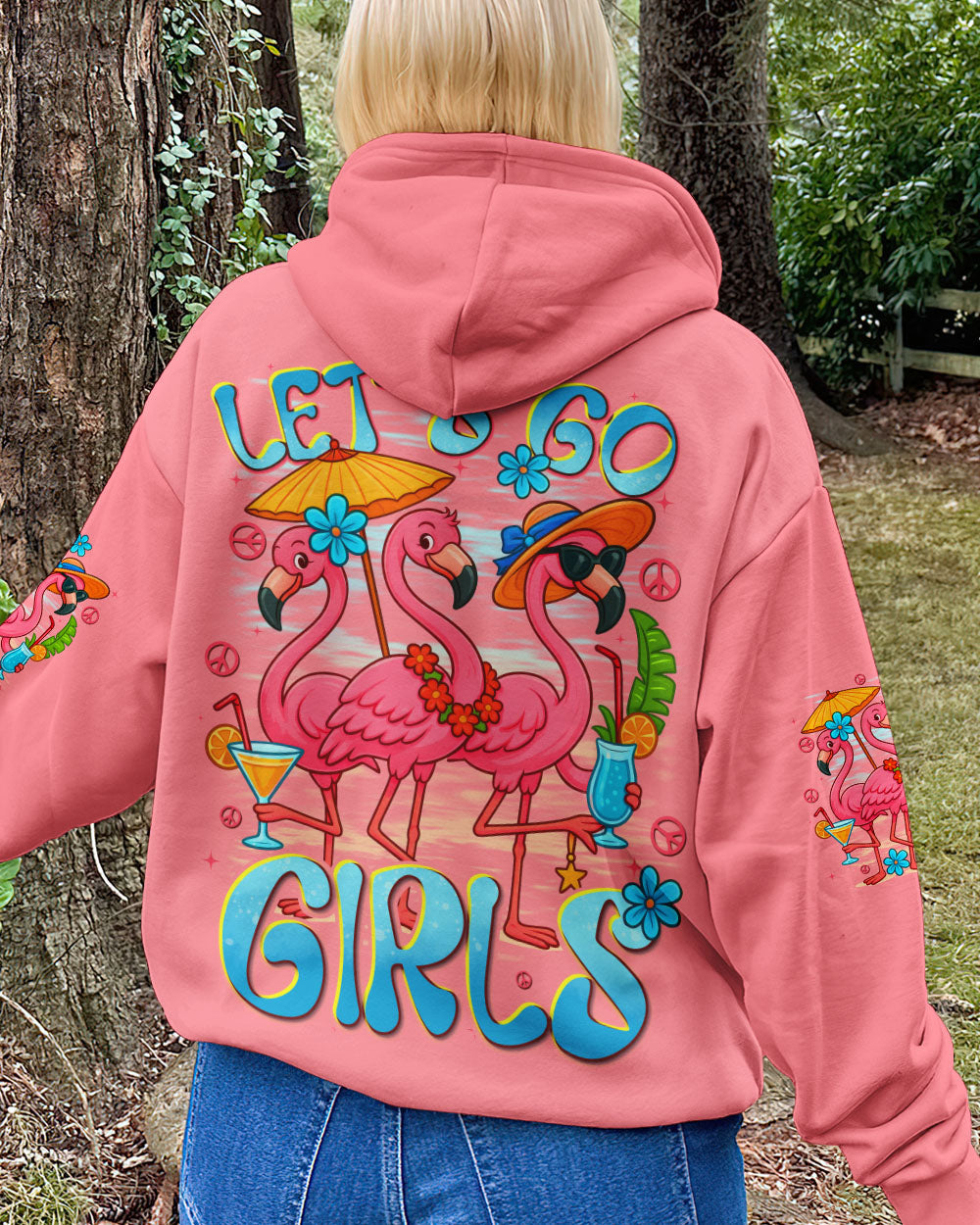 Lets Go Girls Flamingo and Cocktails Tropical Pink Beach Graphic Tee for Women AOP Shirts _8_ H7RHU