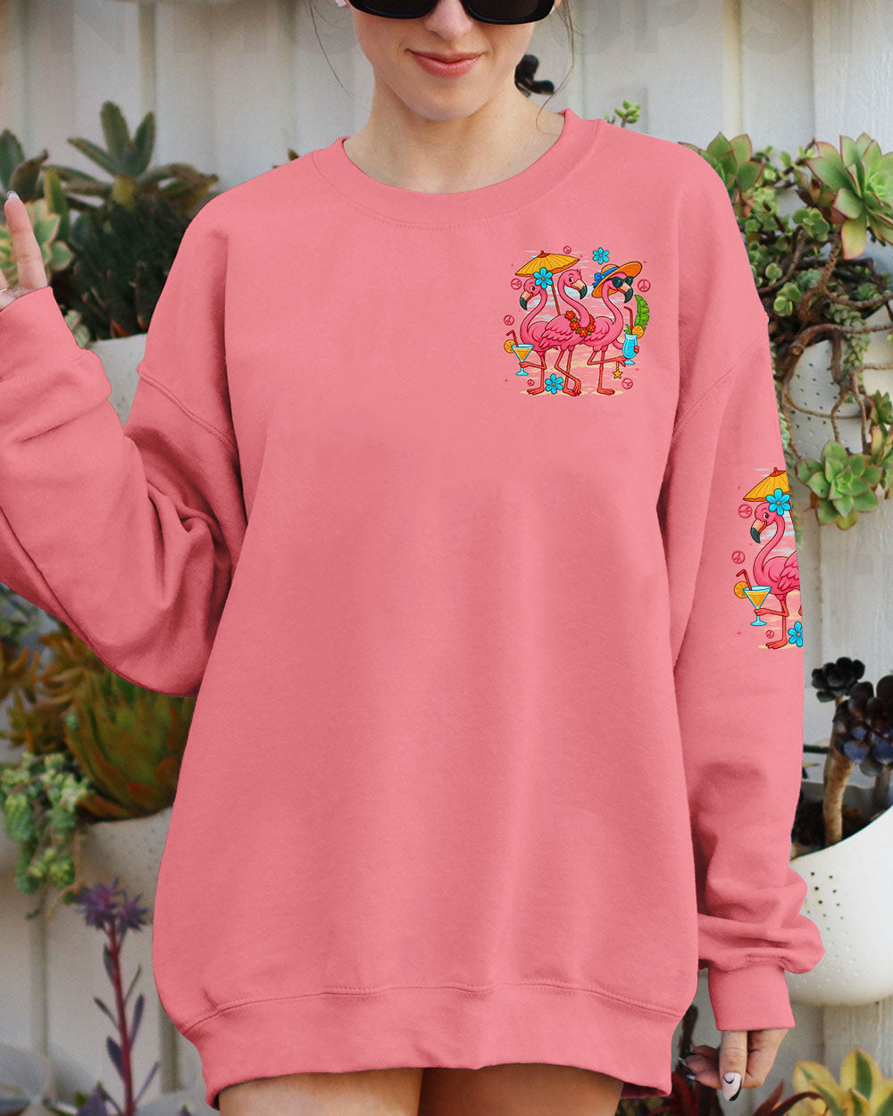 Lets Go Girls Flamingo and Cocktails Tropical Pink Beach Graphic Tee for Women AOP Shirts _9_ Sai2O