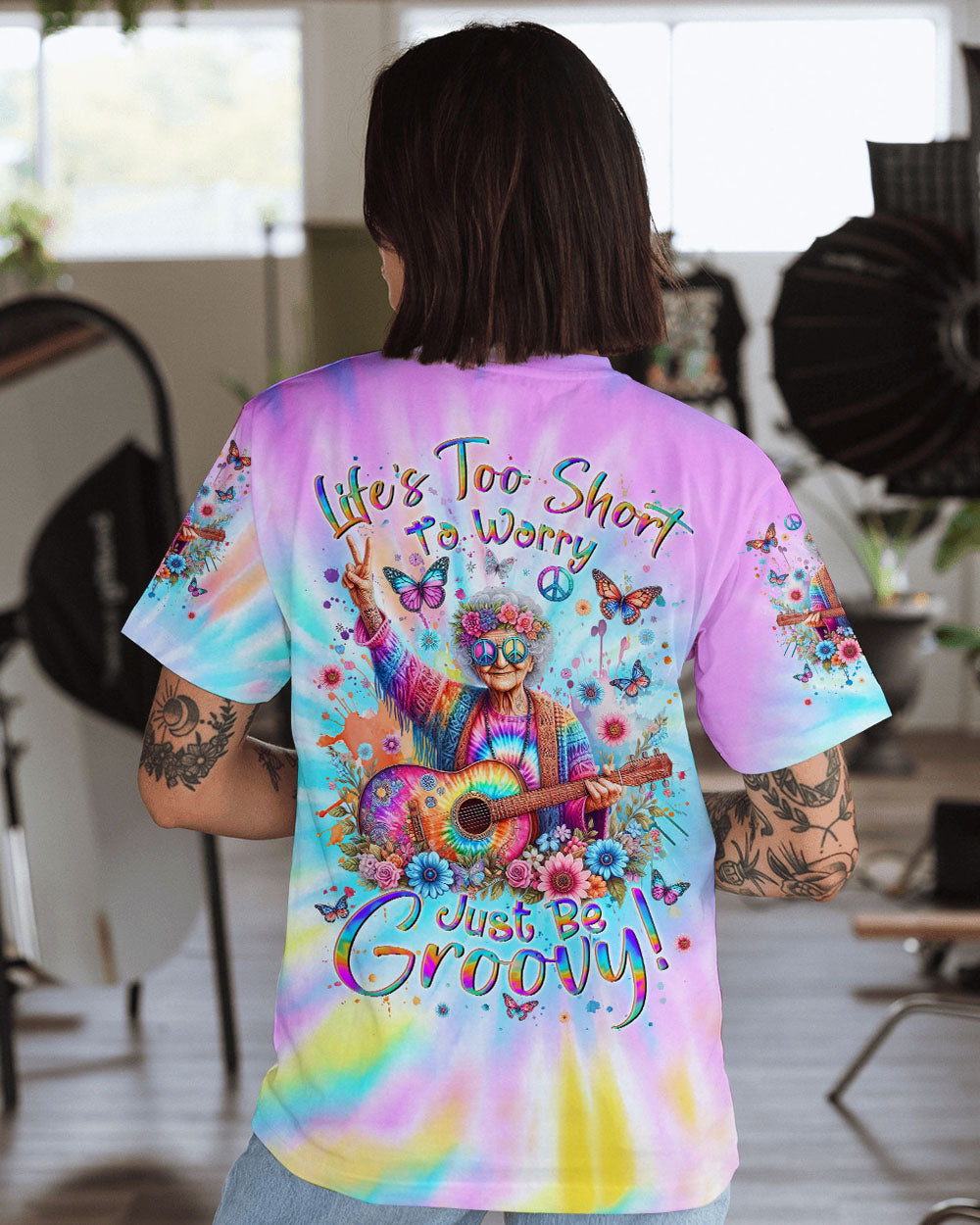 Lifes Too Short to Worry Just Be Groovy Tie Dye Hippie Peace and Love AOP Shirts _1_ NKKrZ
