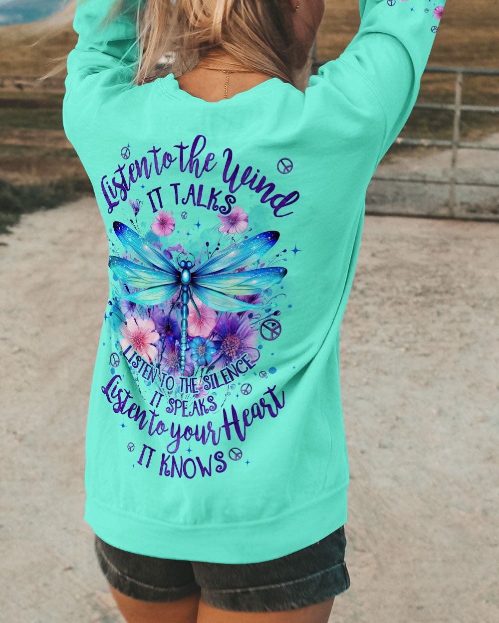 Listen to the Wind Listen to Your Heart Dragonfly and Wildflower Quote Tee AOP Shirts _10_ D89rv