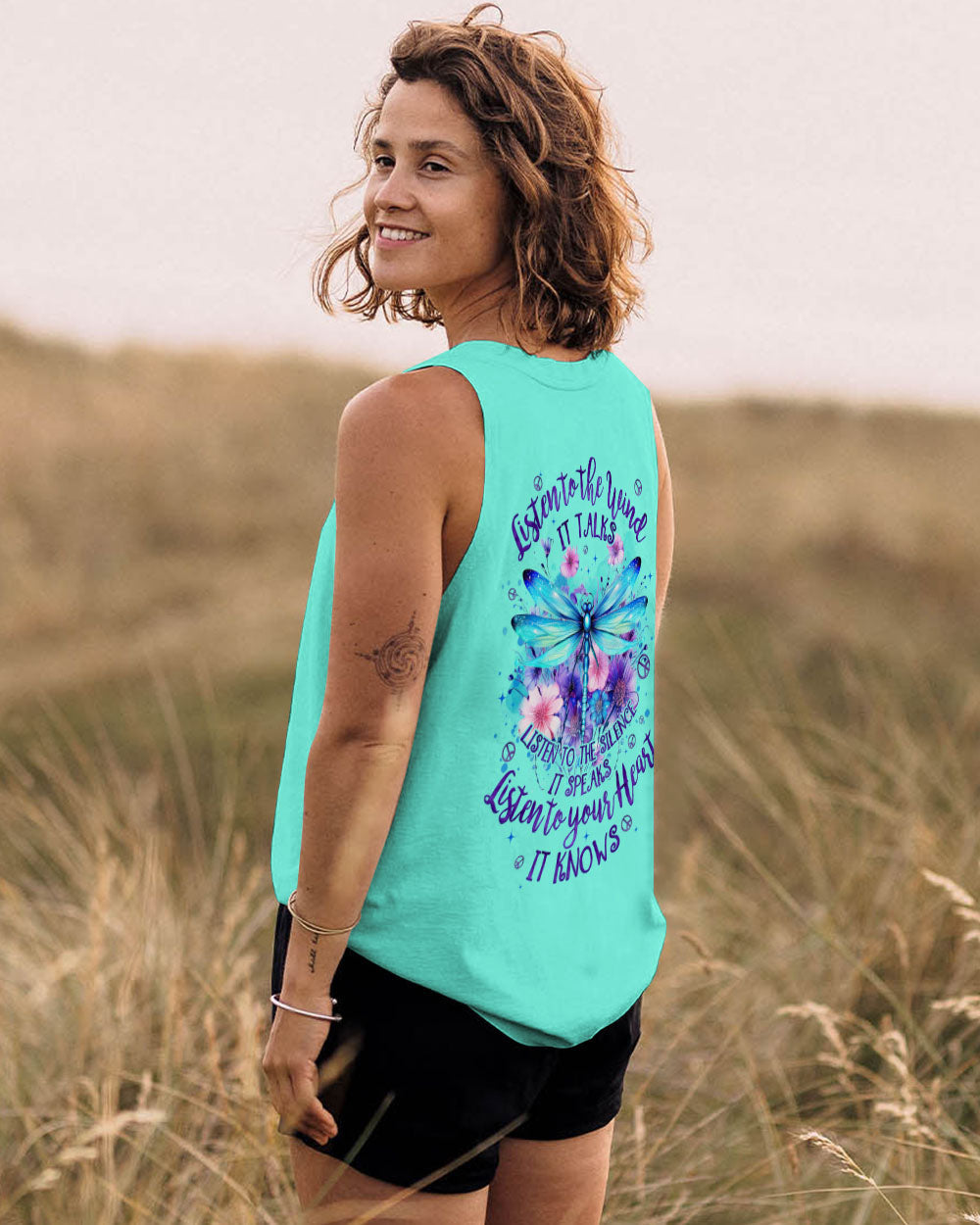 Listen to the Wind Listen to Your Heart Dragonfly and Wildflower Quote Tee AOP Shirts _14_ zmPzy