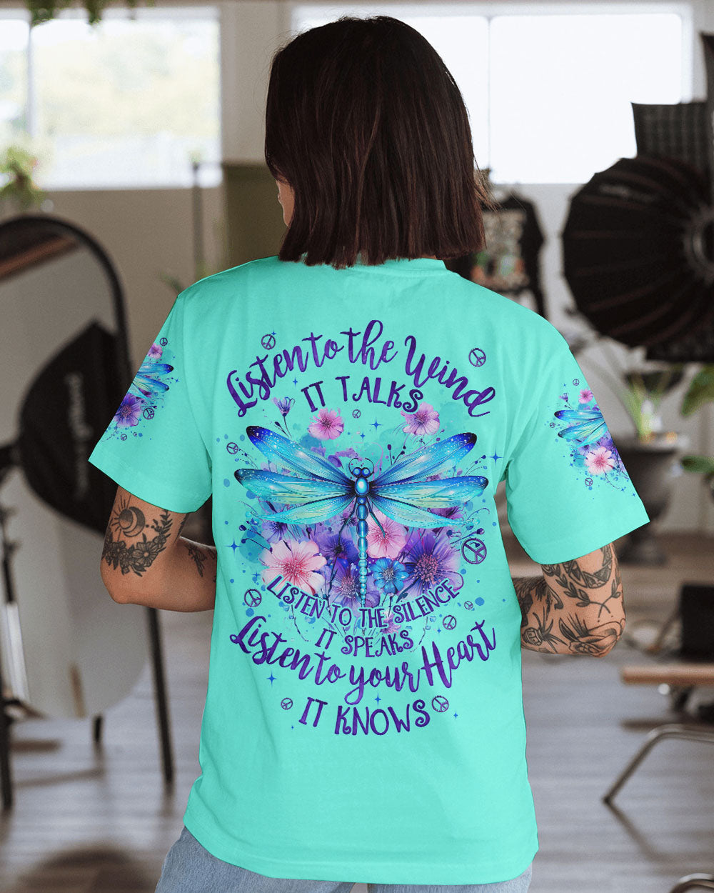 Listen to the Wind Listen to Your Heart Dragonfly and Wildflower Quote Tee AOP Shirts _1_ SGPyp