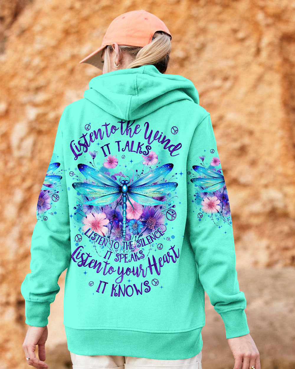 Listen to the Wind Listen to Your Heart Dragonfly and Wildflower Quote Tee AOP Shirts _2_ o19I5