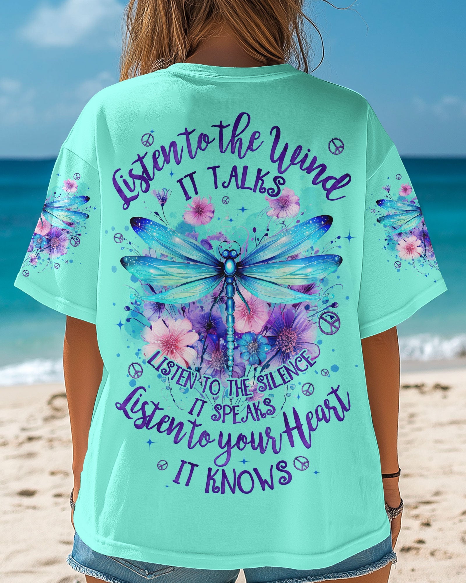 Listen to the Wind Listen to Your Heart Dragonfly and Wildflower Quote Tee AOP Shirts _4_ 9FWYu