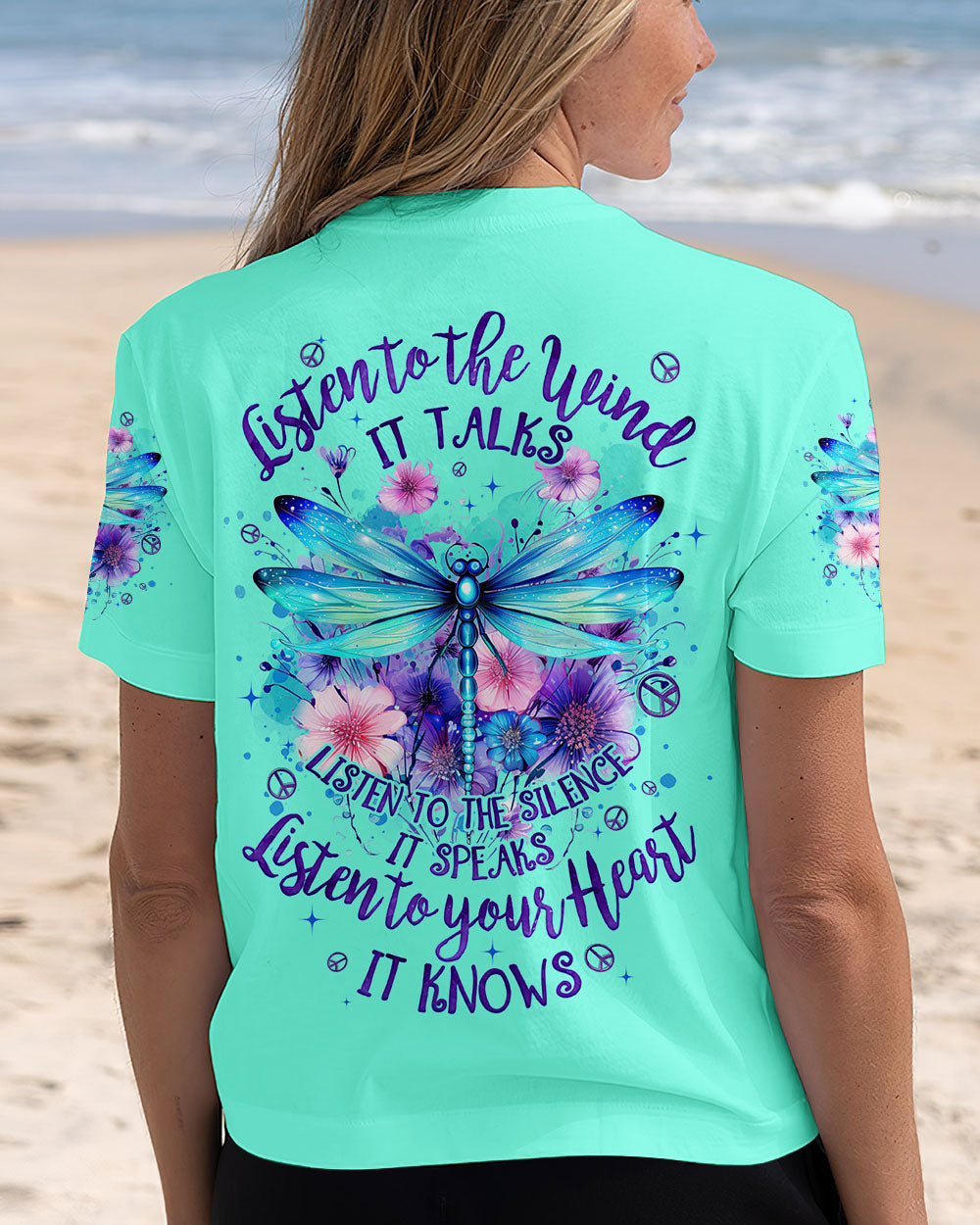 Listen to the Wind Listen to Your Heart Dragonfly and Wildflower Quote Tee AOP Shirts _6_ aCGor
