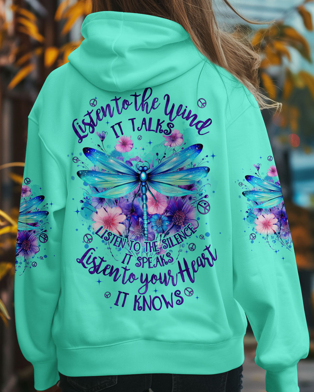 Listen to the Wind Listen to Your Heart Dragonfly and Wildflower Quote Tee AOP Shirts _8_ Qj9t6