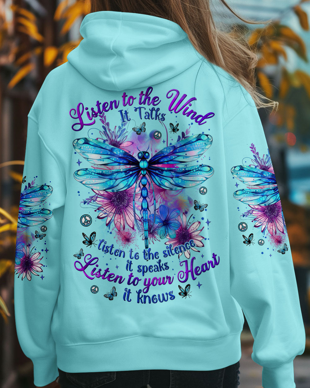 Listen to the Wind Listen to your Heart Dragonfly Inspirational Nature Tee for Women AOP Shirts _7_ pJbde