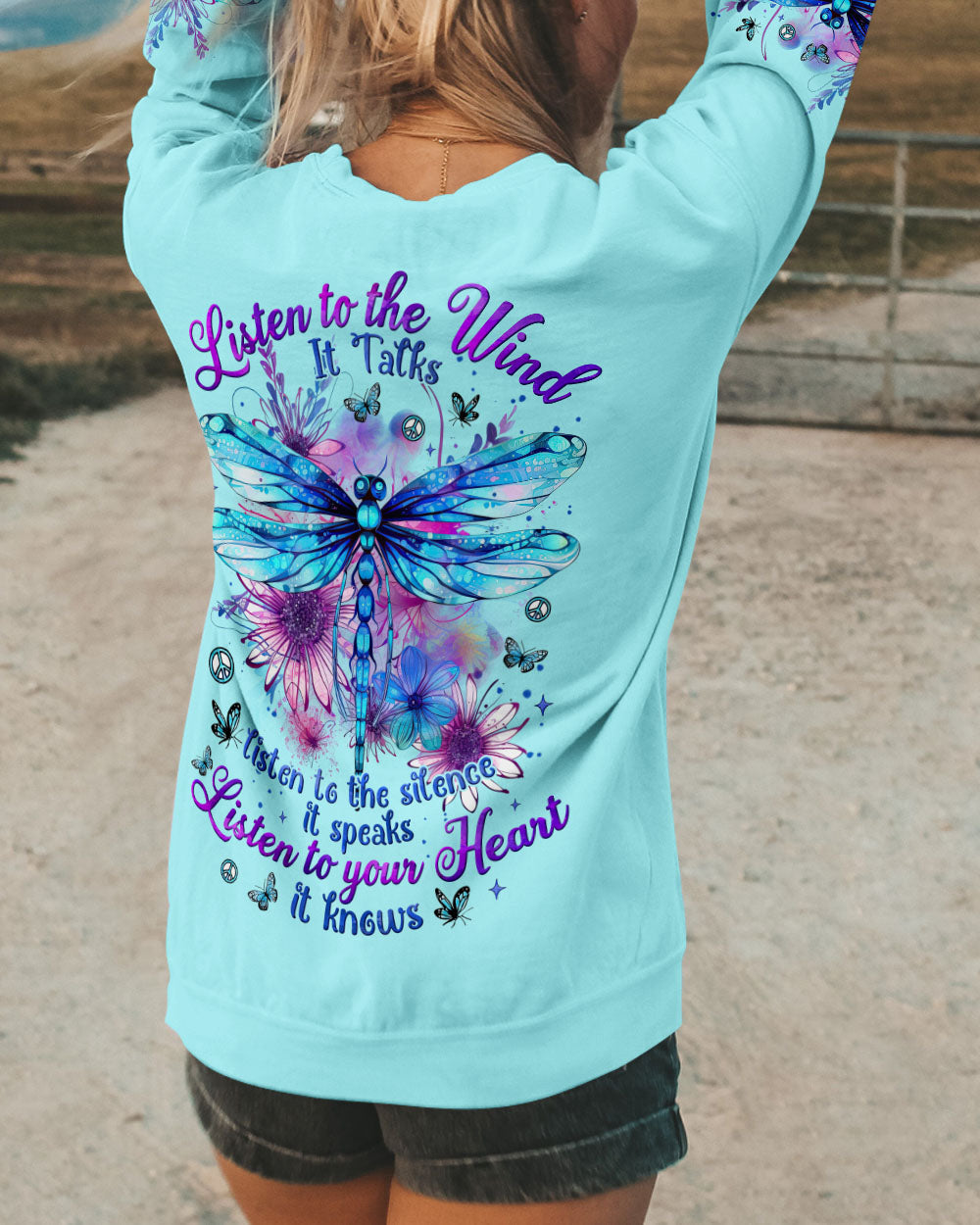Listen to the Wind Listen to your Heart Dragonfly Inspirational Nature Tee for Women AOP Shirts _9_ 79cKz