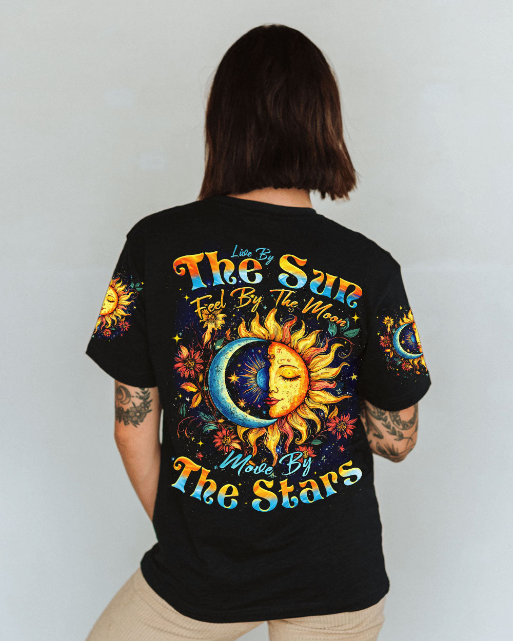 Live by the Sun Feel by the Moon Cosmic Sun Moon Stars Boho AOP Shirts _1_ wjTfH