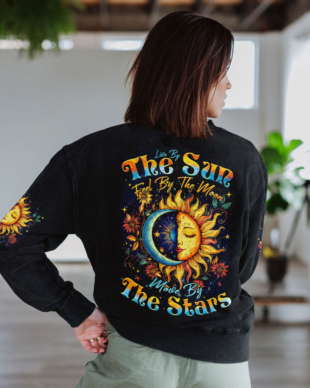Live by the Sun Feel by the Moon Cosmic Sun Moon Stars Boho AOP Shirts _7_ WKX8C