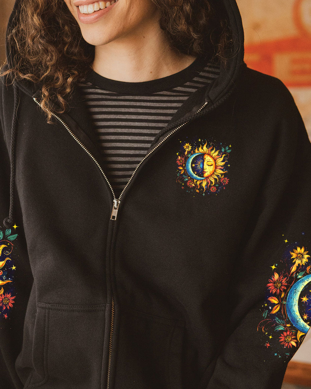 Live by the Sun Feel by the Moon Cosmic Sun Moon Stars Boho AOP Shirts _8_ I1oy5