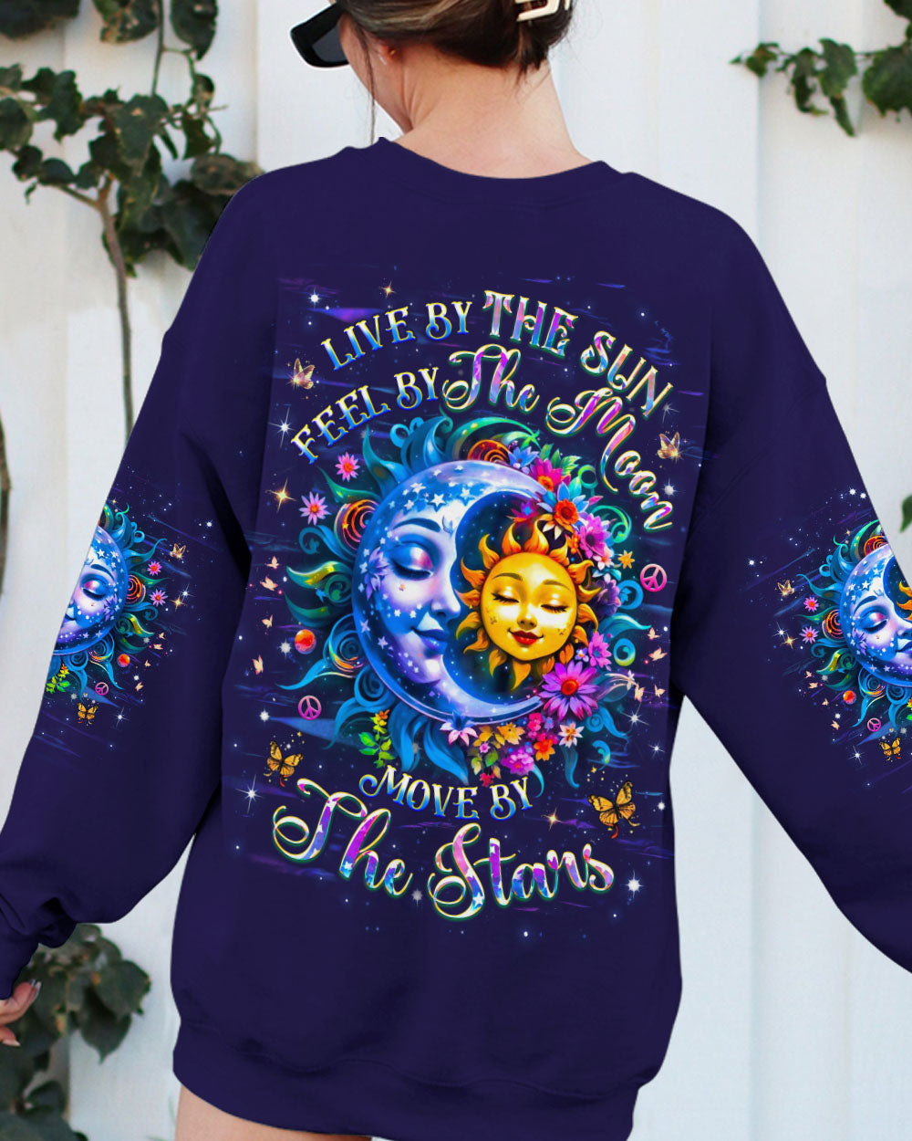Live by the Sun Feel by the Moon Move by the Stars Sun and Moon Graphic AOP Shirts _9_ ObyQc