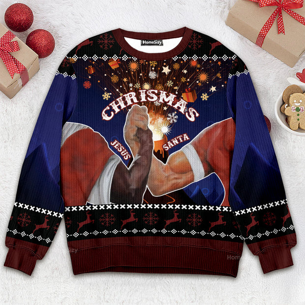 Handshake Santa and Jesus Christmas - Ugly Christmas Sweater QT308997