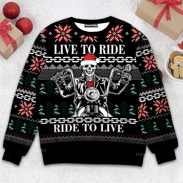Live To Ride Motorbike Skeleton - Christmas Gift For Adults - 3D Ugly Christmas Sweater QT309233