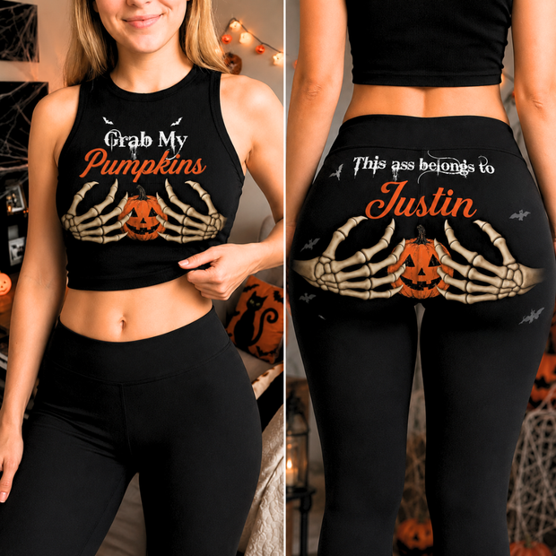 Grab My Pumpkins This A$$ Belongs To - Personalized Leggings & Crop Tanktop - Halloween Gifts For Her