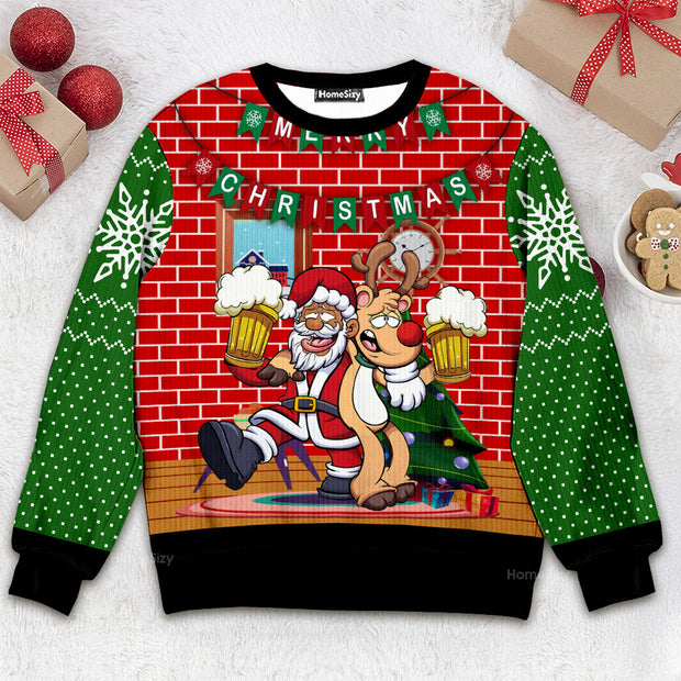 Funny Santa Drink Beer With Reindeer Ugly Christmas Sweater 3D Printed Best Gift For Xmas QT308849