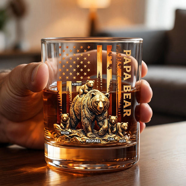Papa Bear Round Glass - Personalized Whiskey Glass - Gift For Father's Day