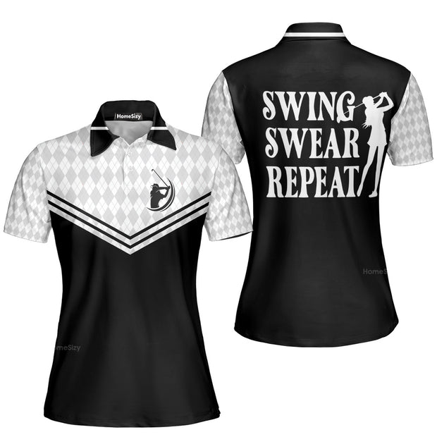 Swing Swear Repeat Custom Cosplay Short Sleeve Women Polo Shirt, Black And White Golf Shirt For Female Players