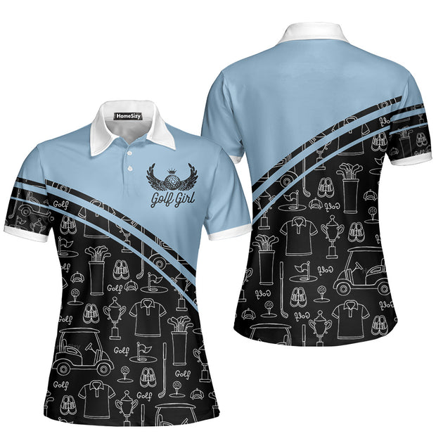 Golf Girl In Black And Blue Seamless Pattern Golf Short Sleeve Women Polo Shirt, Cool Golf Shirt For Ladies