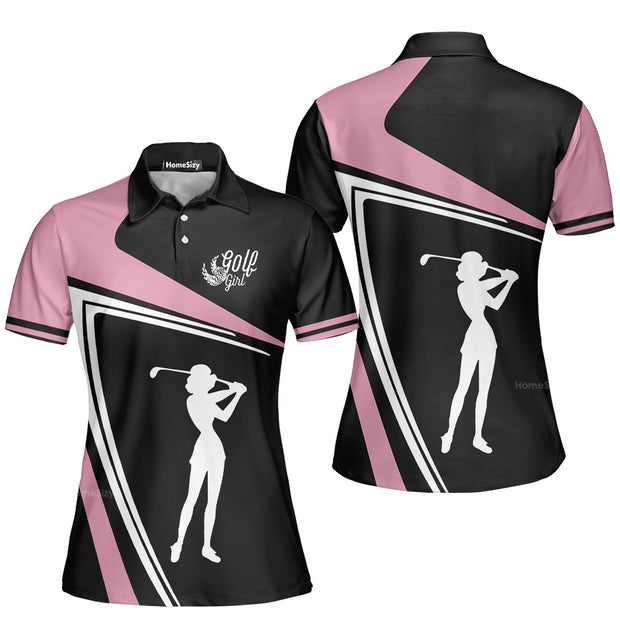 Golf Girl Black White And Pink Short Sleeve Women Polo Shirt, Best Golf Gift For Women