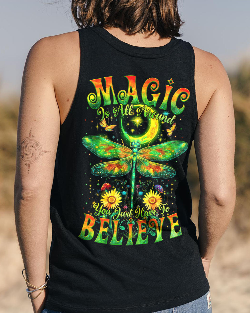 Magic Is All Around You Just Have to Believe Dragonfly and Moon Celestial Graphic AOP Shirts _11_ zaFHY