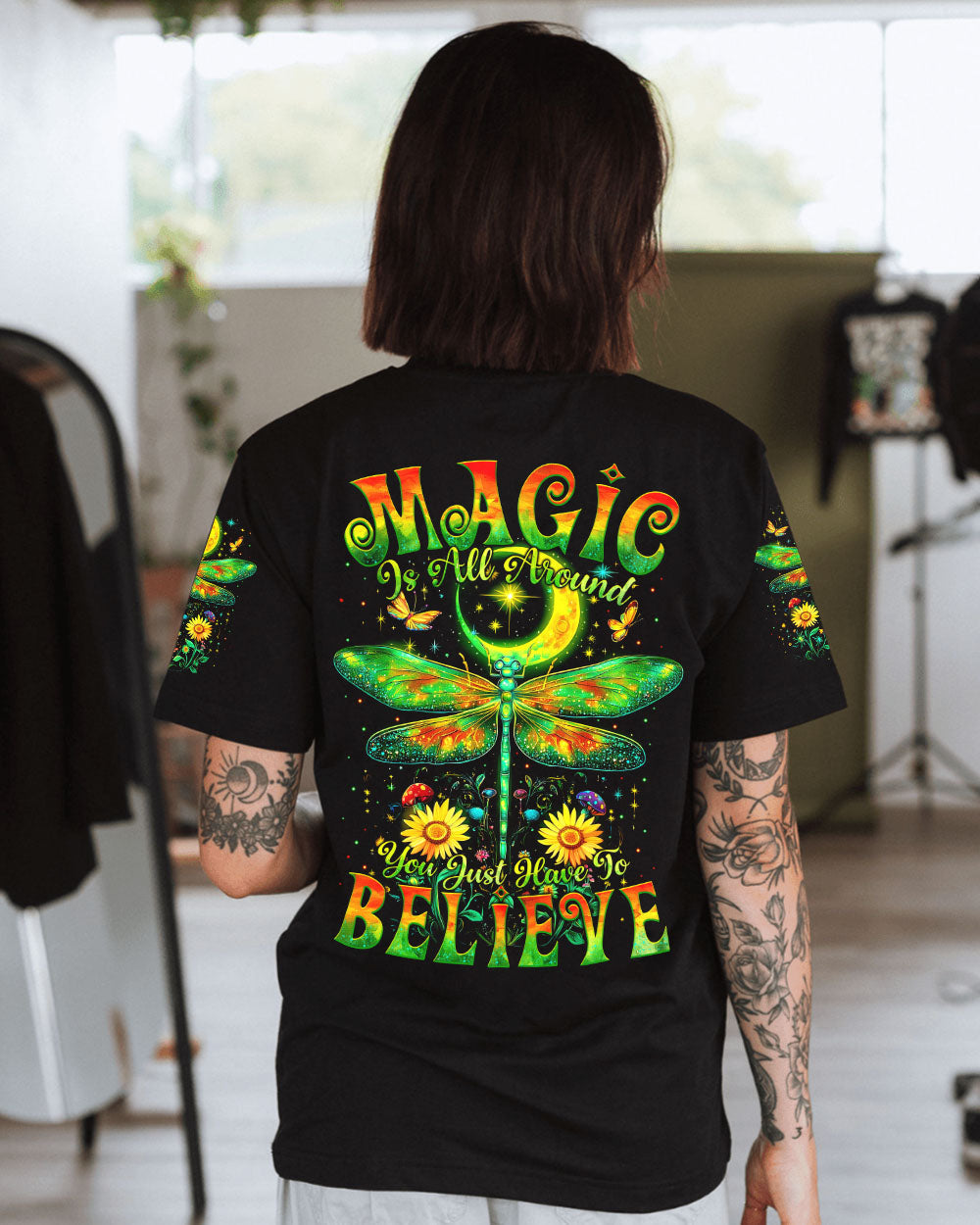 Magic Is All Around You Just Have to Believe Dragonfly and Moon Celestial Graphic AOP Shirts _1_ QybSL