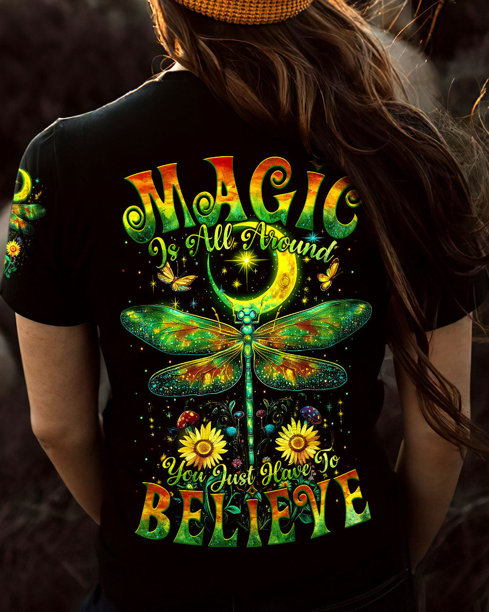 Magic Is All Around You Just Have to Believe Dragonfly and Moon Celestial Graphic AOP Shirts _3_ VCmhC