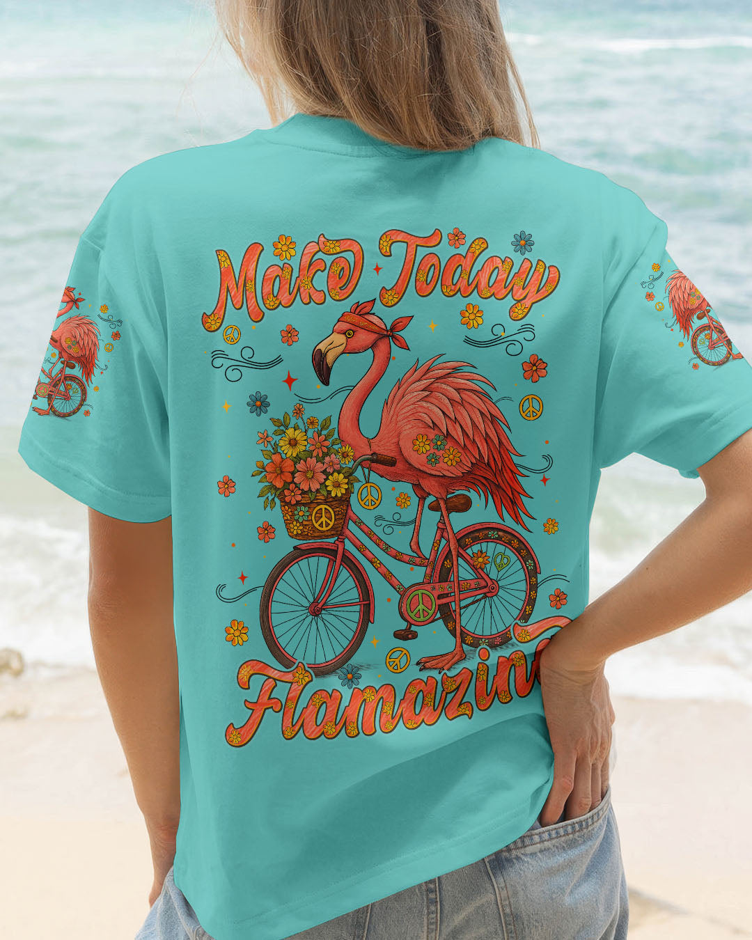 Make Today Flamazing Flamingo Fun Bike Graphic Tee with Flowers _26 Peace Design for Women AOP Shirts _1_ JqDly