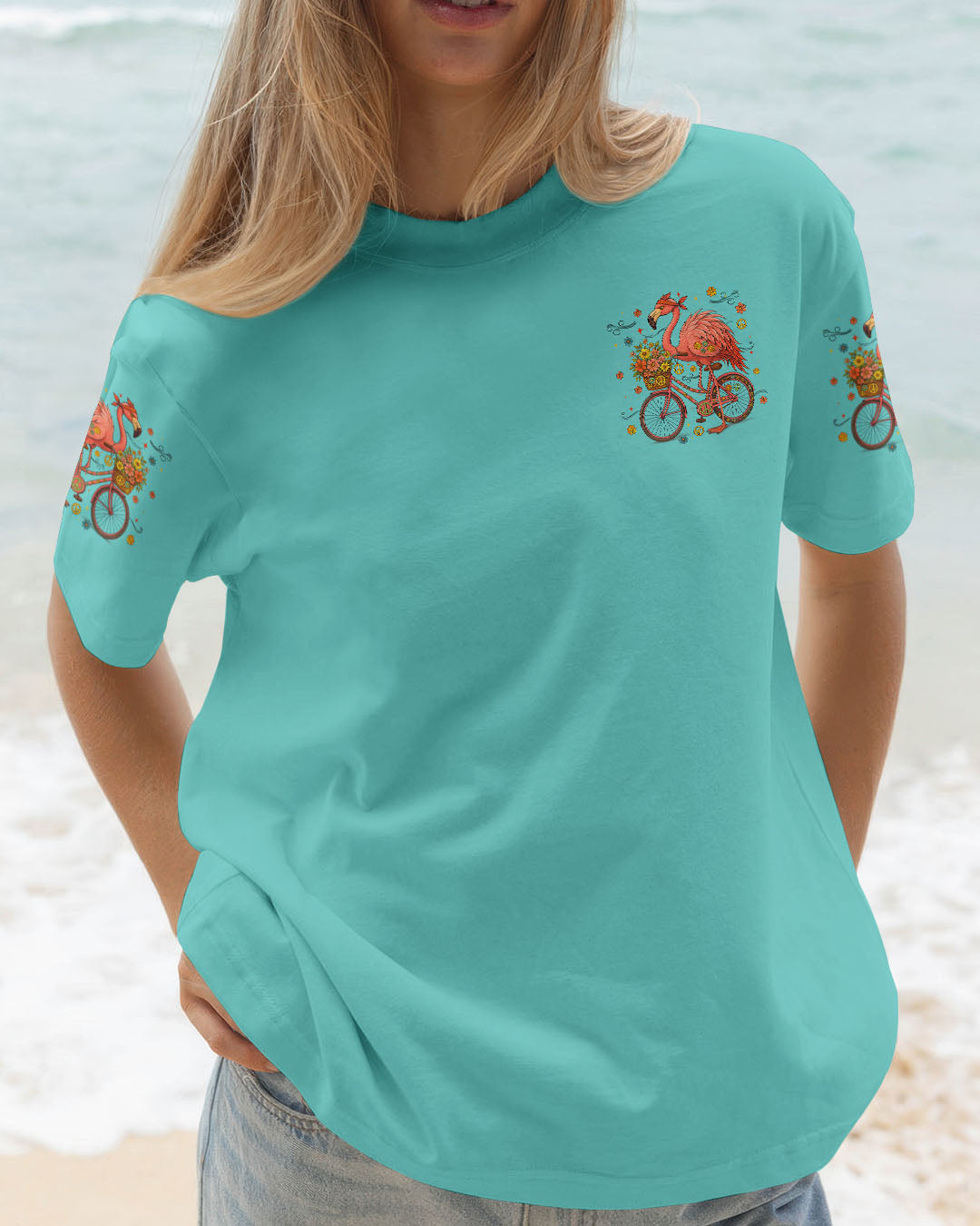 Make Today Flamazing Flamingo Fun Bike Graphic Tee with Flowers _26 Peace Design for Women AOP Shirts _2_ Os9Q8