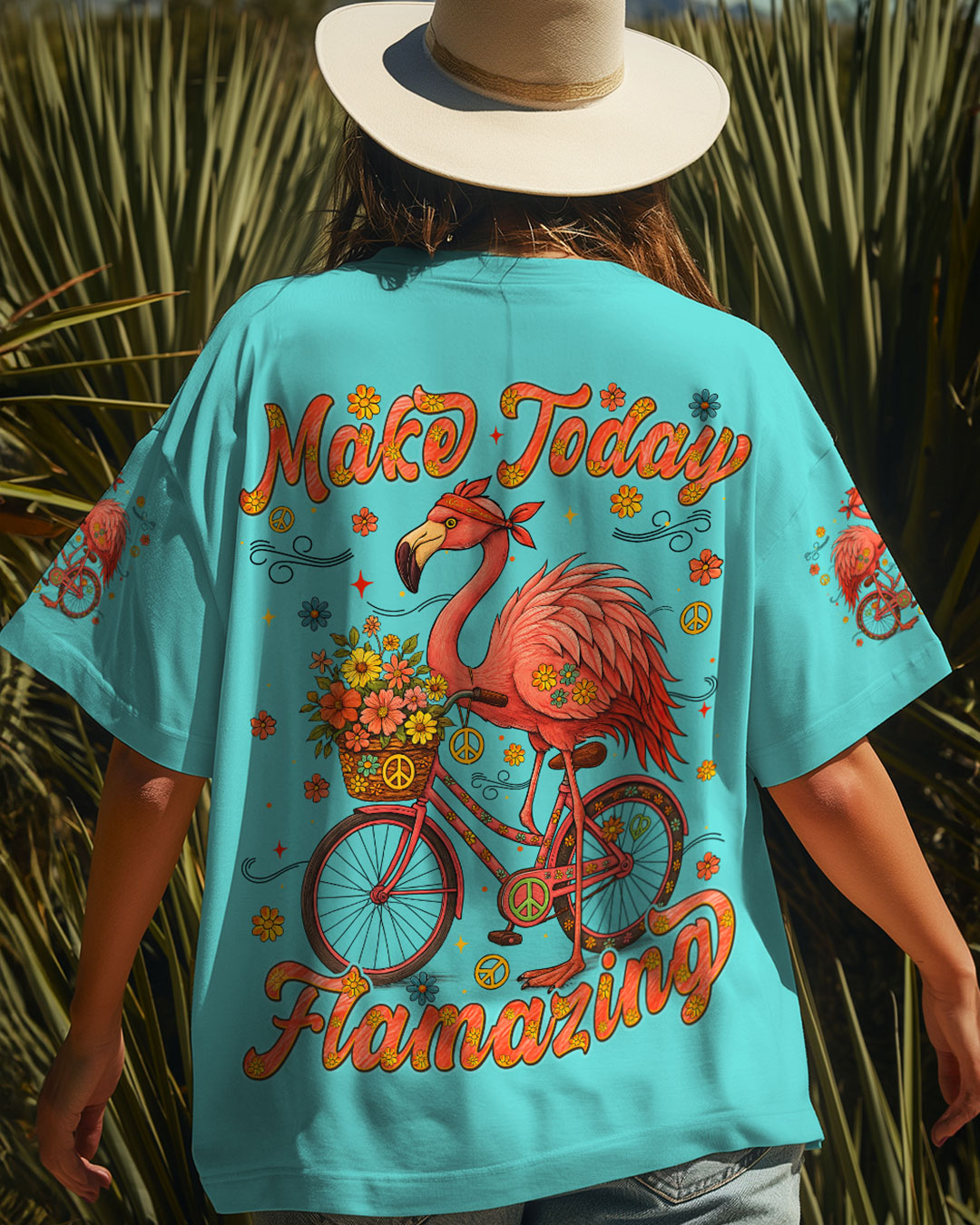Make Today Flamazing Flamingo Fun Bike Graphic Tee with Flowers _26 Peace Design for Women AOP Shirts _3_ KQPtM
