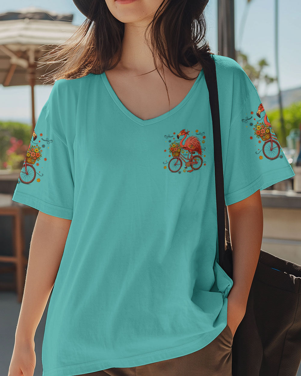 Make Today Flamazing Flamingo Fun Bike Graphic Tee with Flowers _26 Peace Design for Women AOP Shirts _4_ qixnJ