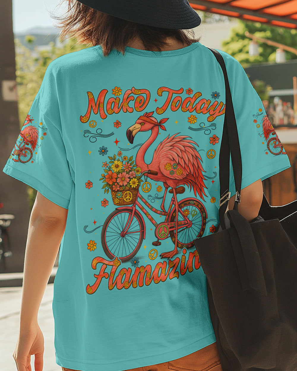 Make Today Flamazing Flamingo Fun Bike Graphic Tee with Flowers _26 Peace Design for Women AOP Shirts _5_ zlESH