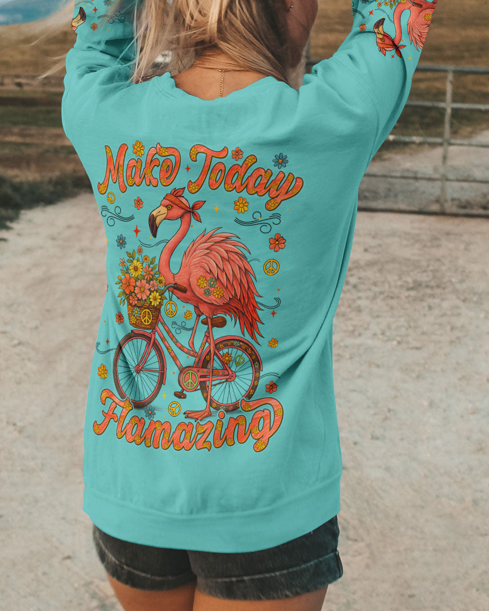 Make Today Flamazing Flamingo Fun Bike Graphic Tee with Flowers _26 Peace Design for Women AOP Shirts _9_ kyTie